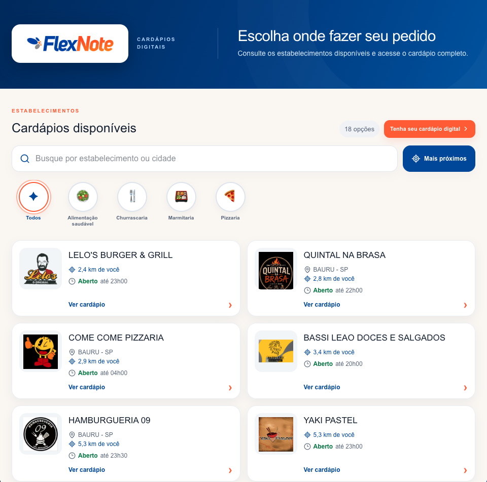 Diretório do FlexCardápio, com cardápios digitais de estabelecimentos reais que usam o Flexnote ONE
